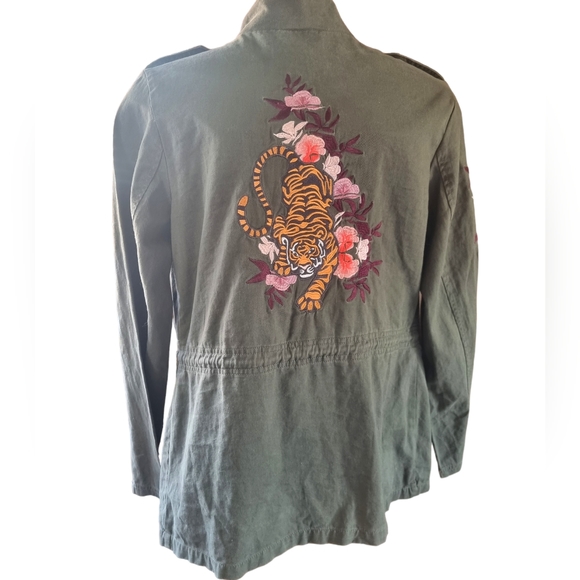 Liquid X Embroidered Floral & Tiger Khaki Green Utility Jacket - Picture 3 of 11
